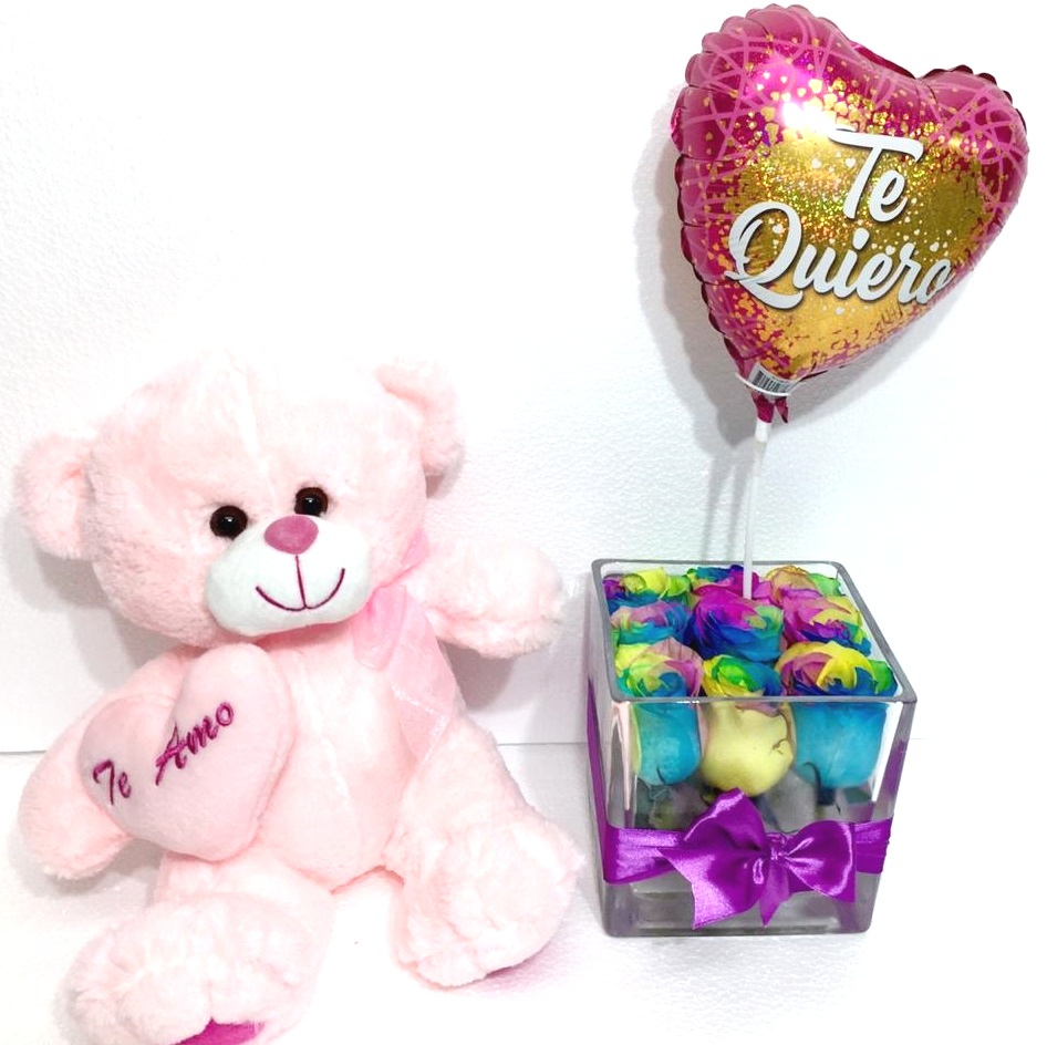 Cubo 9 Rosas Arcoiris ms Peluche 30 cm y Globito